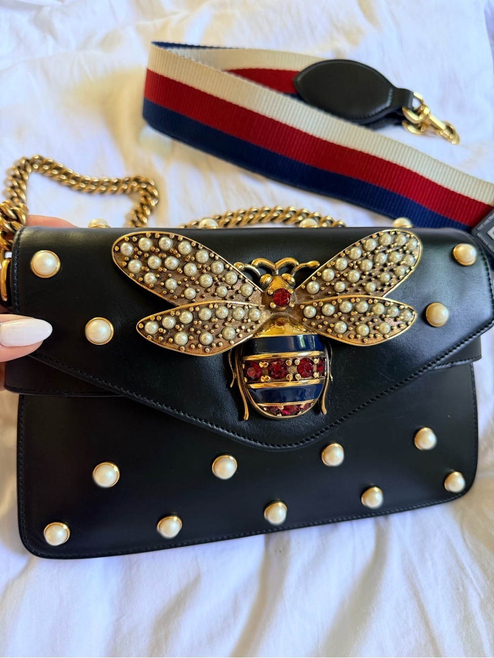Gucci Queen Margaret Broadway Shoulder HandBag Black Leather Pearl Studded COA - Picture 4 of 13